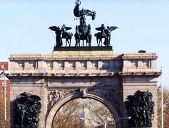 View of Empire State Building through Soldiers and Sailors Memorial Arch at Grand Army Plaza in Brooklyn