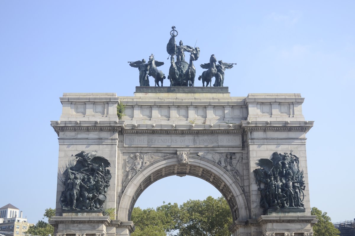 Top half frontal view of the Soldiers and Sailors Memorial Arch at Grand Army Plaza, Brooklyn, NYC
