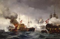 Scene from the Battle of Copenhagen 1801 depicting the 20 gun radeau commanded by Muller, the unrigged frigate Kronborg in the foreground, and the burning Dannebrog ship in the background fighting The Clatton.