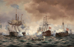 Historical naval battle scene near Copenhagen on April 2, 1801
