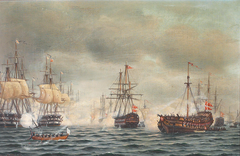 Painting depicting the Battle of Copenhagen 1801 with naval ships engaged in combat