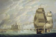 British fleet forcing the passage of the Sound near Kronborg Castle on 30 March 1801, with the ships Monarch and Elephant leading and Admiral Nelson flying his flag
