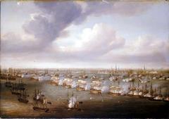 Historical painting of the Battle of Copenhagen by Nicholas Pocock depicting British bomb vessels and Danish ships in line of battle formation with Copenhagen city in the background