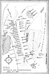 Sketch illustrating the Battle of Copenhagen in 1801, depicting naval ships and combat scene