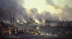 Painting of Crown Prince Frederik at Slaget på Reden surrounded by his staff with sunlight hitting a white flag