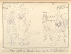 British political cartoon titled John Bull in Sweden or the approach of the extinguisher depicting Napoleon