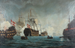 Painting of a naval battle scene with ships and smoke on water
