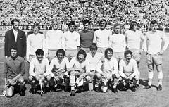 Blackpool FC first-team squad posing in Communal Stadium Bologna after winning 1971 Anglo-Italian Cup Final