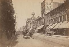 King Street east view from Church Street with shops and St. Lawrence Hall in Toronto