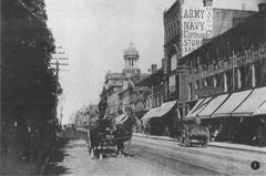 Historic view east on King Street at St. Lawrence Town Hall, downtown Toronto, old photo by Frank W. Micklethwaite