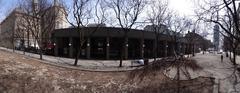 Panoramic view of the park beside the North building of St Lawrence Market with urban surroundings before demolition in 2015