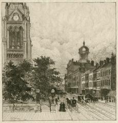 Engraving of King Street East in Toronto showing St. Lawrence Hall in 1885