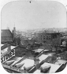 View from St. Lawrence Hall looking northwest over Toronto cityscape including rear of St. James Cathedral and Mechanics Institute