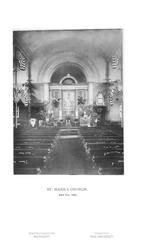Interior view of Saint Mark's Church-in-the-Bowery with wooden pews and ornate ceiling, photo from May 9, 1899