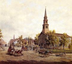 Historic Church of St Marks-in-the-Bowery and Stuyvesant Street in New York City during the 1840s