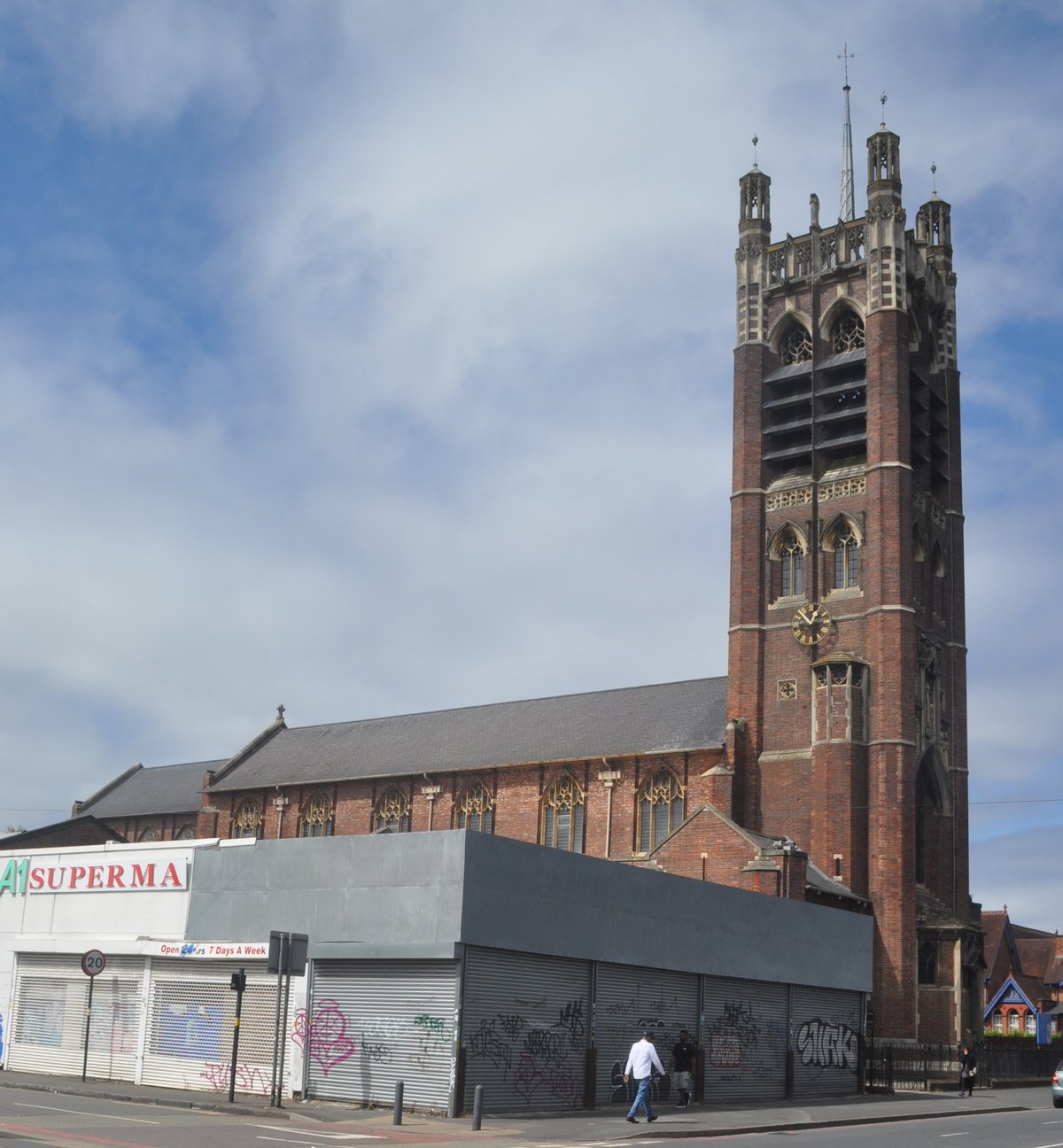 Exterior view of St Agatha's Church, a listed building on Stratford Road in Sparkbrook, August 2024