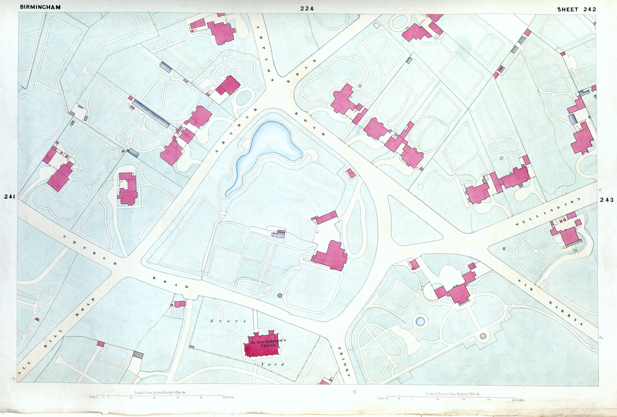 1855 historical map sheet 242 from The New Survey of the Borough of Birmingham, England