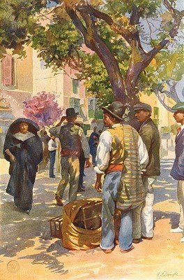 Vintage illustration of the bird market at St. John's Square in Valletta, Malta, circa 1927