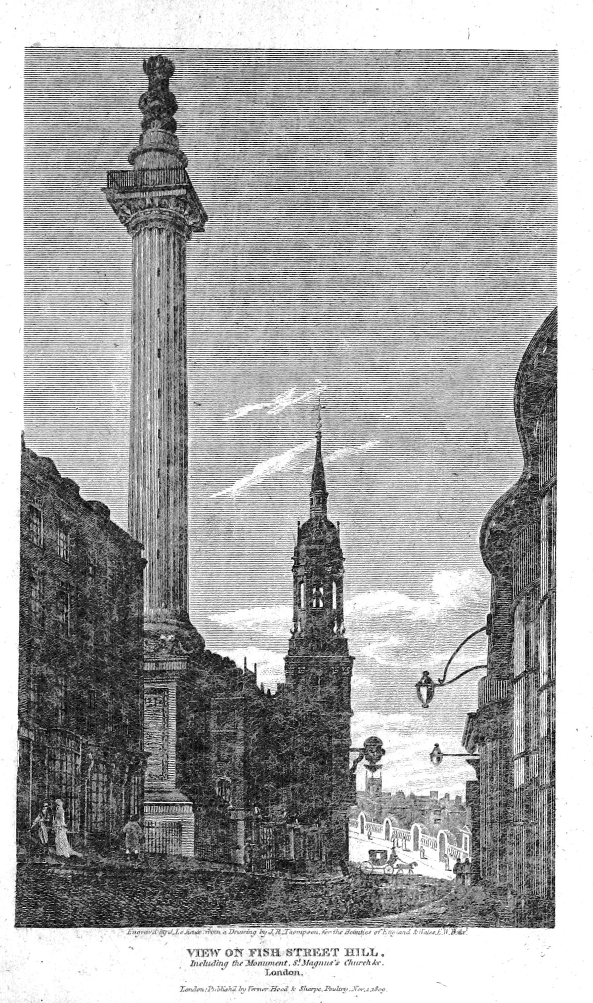 View on Fish Street Hill including the Monument and St Magnus's Church in London