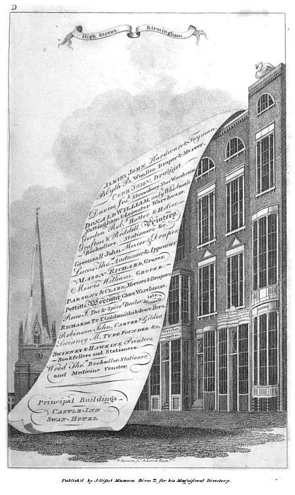 High Street and distant view of St. Martin's Spire in Birmingham, 1800