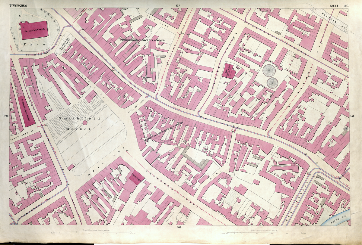 Scan of sheet 146 from the New Survey of the Borough of Birmingham, 1855, showing detailed map of Birmingham area with streets and geographical features