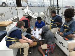 Students on a boat wearing life vests looking at historical names and images of War of 1812 figures