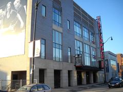 Steppenwolf Theatre exterior at dusk with bright lights and clear sky