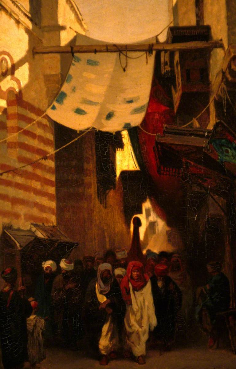 A Turkish funeral procession with diverse attendees and traditional attire