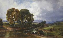 Scenic Highland stream with rocky banks and trees in late autumn