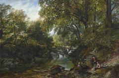 Painting of a serene river landscape with trees and a figure by the water in Westmorland