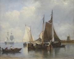 Painting of Dutch shipping scene with several sailing ships at sea