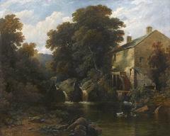 Scenic view of a mill on the Aray River in Argyllshire surrounded by lush greenery and hills