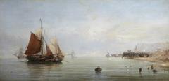 Painting of a becalmed sailing ship on calm sea with cloudy sky