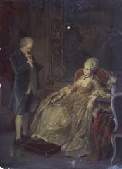 A man holding a red rose and a woman sitting in an interior setting