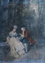 Classic painting of a couple embracing in a garden