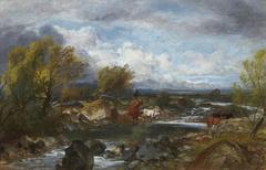 A serene river scene with cattle grazing along the banks, painted by George Cole