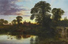 Sunset landscape painting by George Cole featuring a dramatic sky with golden and orange hues above a serene countryside