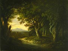 Painting of Cambuskenneth Abbey ruins with trees and cloudy sky by Alexander Nasmyth