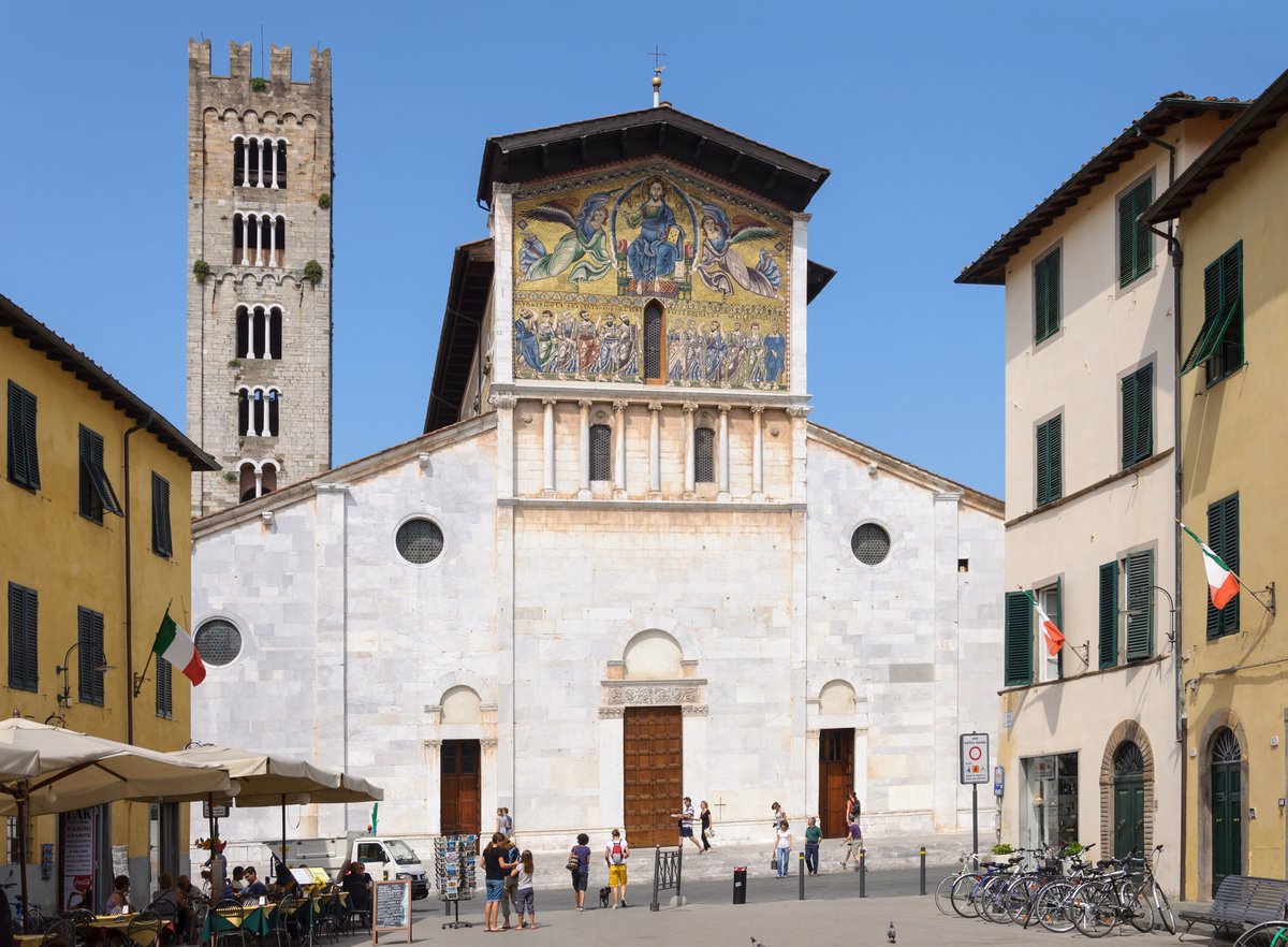 Facade of the Basilica of San Frediano in Lucca, Tuscany, Italy