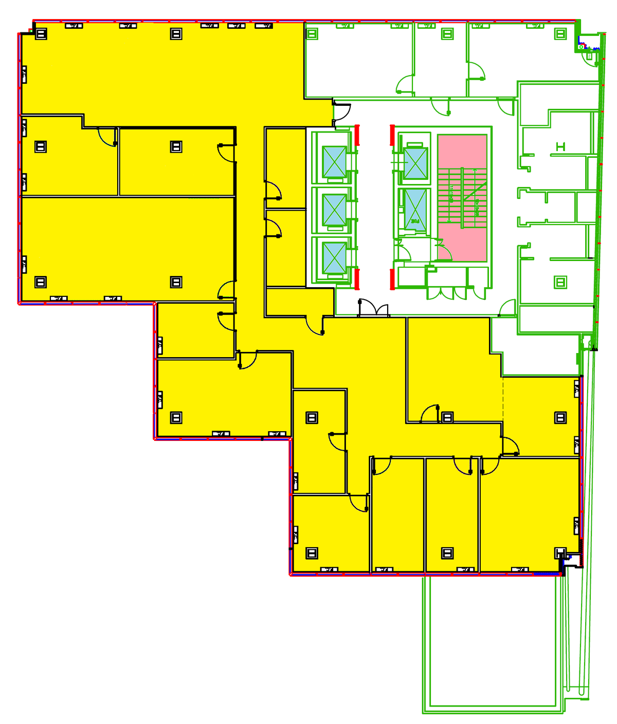 Floor plan of ORCO Tower office skyscraper in Warsaw showing yellow office areas, blue elevators, red staircases, and white corridors, toilets, kitchen, and facilities