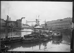 Historic transporter bridges in Brest, Finistère, France with naval ships at the naval base