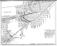 Historic map showing six alternative routes for the N Judah streetcar instead of the Duboce Tunnel in San Francisco