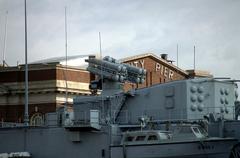 Thomson-CSF Crotale Naval EDIR SAM octuple anti-aircraft launcher system on French Frigate FS JEAN de VIENNE (D 643) at port