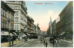 Historical street view of Rakoczi Straße in Budapest with trams and horse-drawn wagons