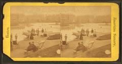 Boat landing on a riverbank with a steamboat and passengers