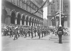 RAAF band in uniform marching past the Cenotaph in Sydney