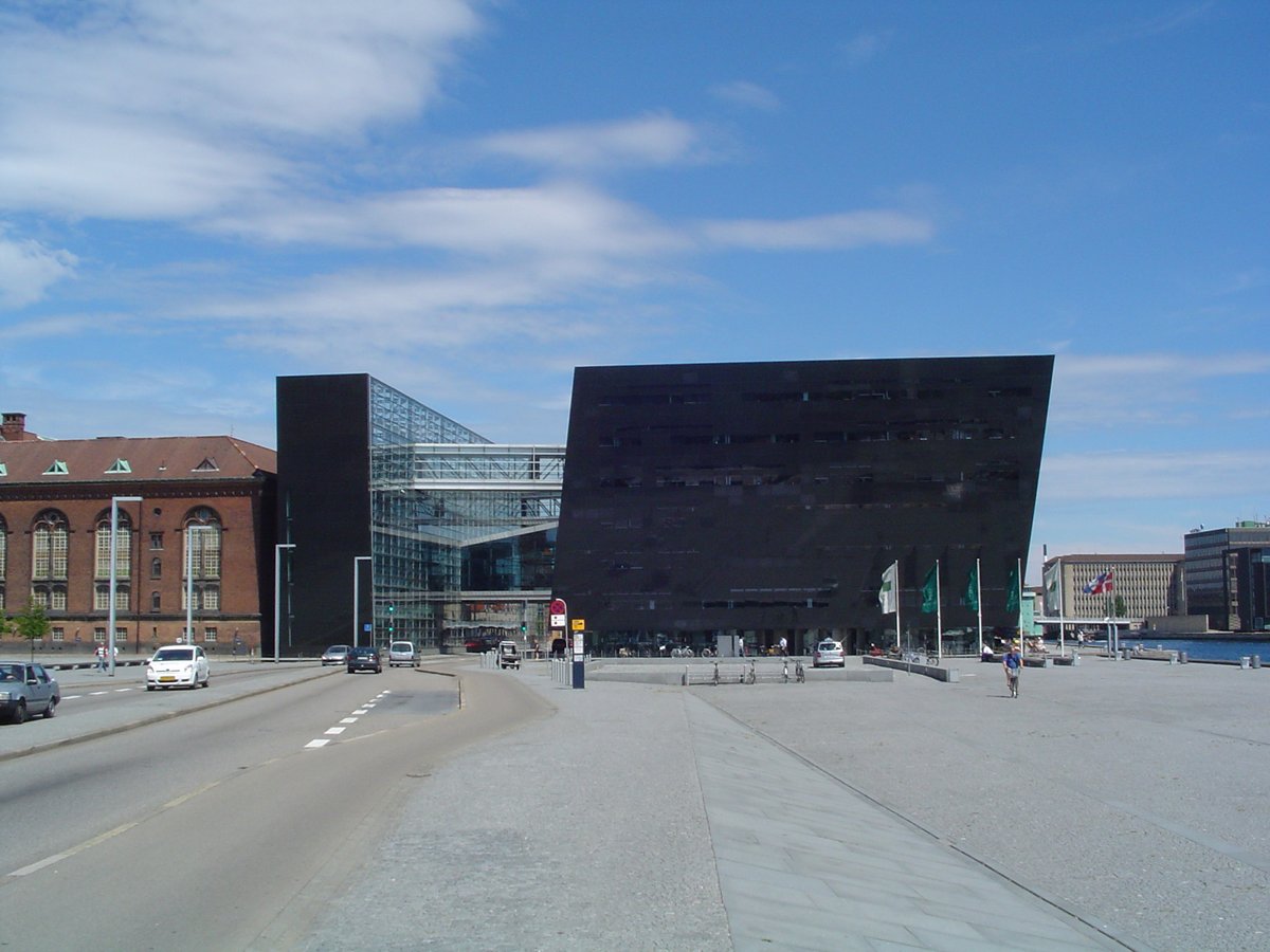 Danish Royal Library exterior architecture with cloudy sky