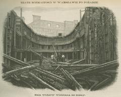 Ruined auditorium of Teatr Rozmaitości in Warsaw after fire viewed from the stage