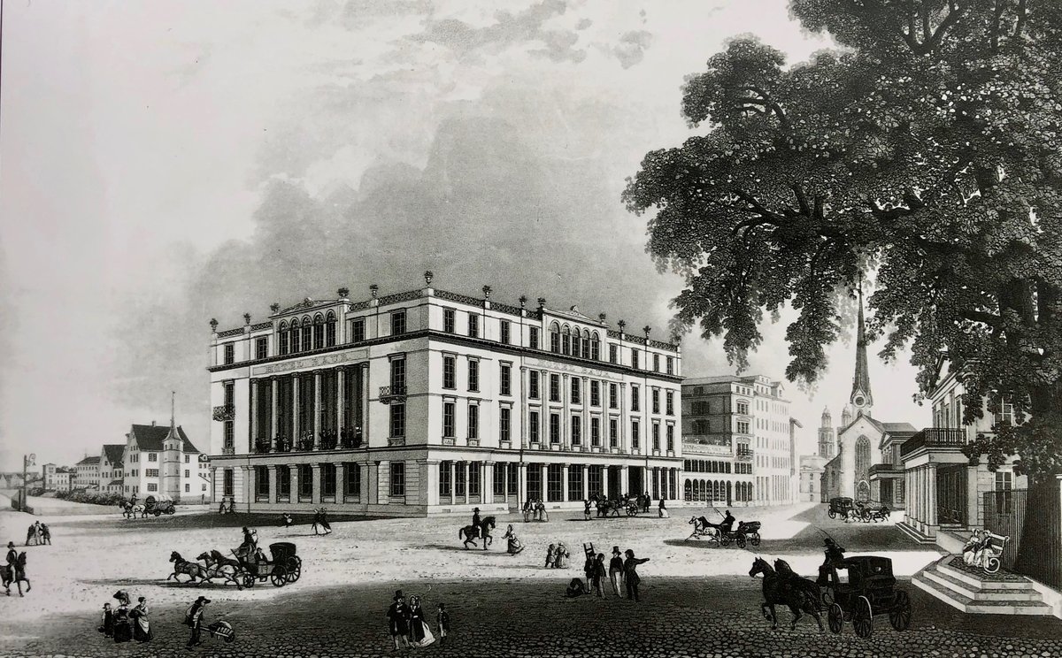 Historic Baur en Ville hotel at opening year 1838 with Bahnhofstrasse on the left and the Tiefenhoflinde tree on the right