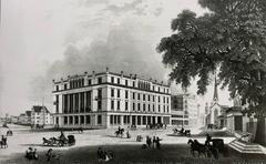 Historic Baur en Ville hotel at opening year 1838 with Bahnhofstrasse on the left and the Tiefenhoflinde tree on the right